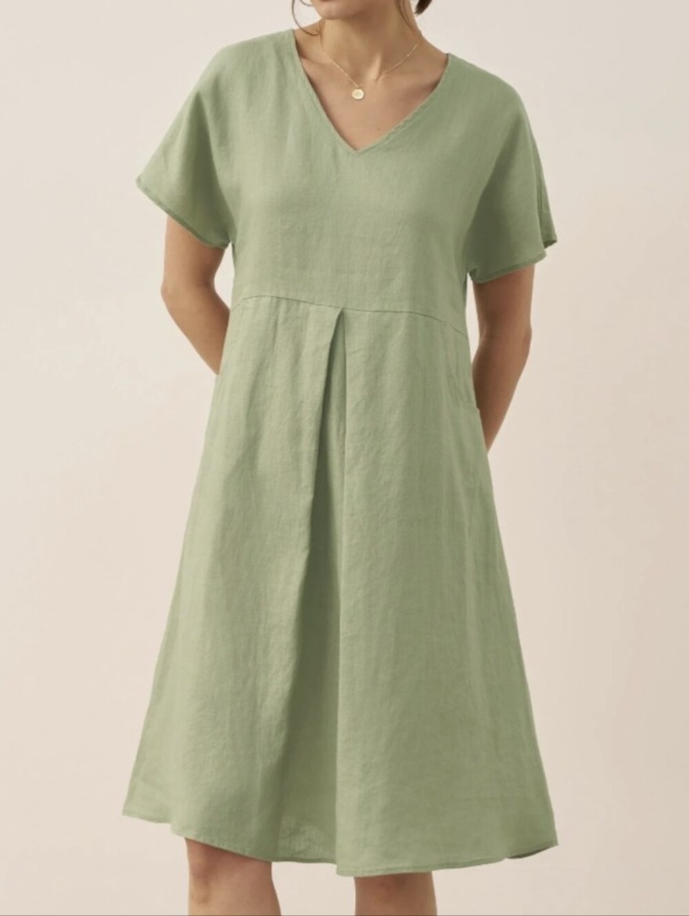 Lintico Ainsley 100% Linen V-Neck Swing Dress in Tarragon Green - Size XXL